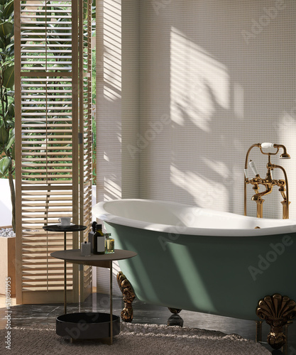 Realistic 3D render a stylish modern classic bathroom with classic luxury bathtub and golden faucets and side table  wooden bifold doors blinds  Sunlight and beautiful leaves shadow on mosaic wall.