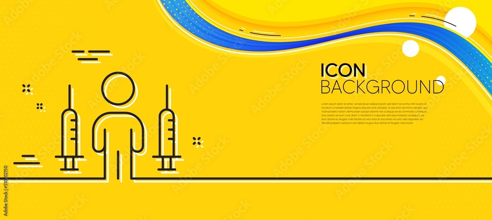 Coronavirus two injections line icon. Abstract yellow background. Corona vaccine syringe sign. Covid jab symbol. Minimal coronavirus injections line icon. Wave banner concept. Vector - obrazy, fototapety, plakaty 