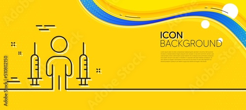 Coronavirus two injections line icon. Abstract yellow background. Corona vaccine syringe sign. Covid jab symbol. Minimal coronavirus injections line icon. Wave banner concept. Vector