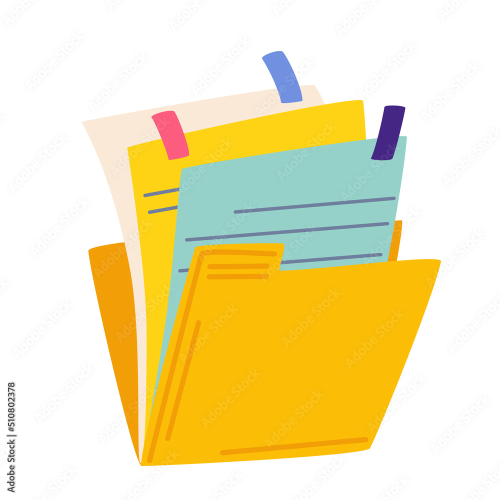 Folder with documents. Employment business and finance. Hiring. Folder of documents with paper sheets and sticky notes. Vector cartoon illustration isolate on a white background.