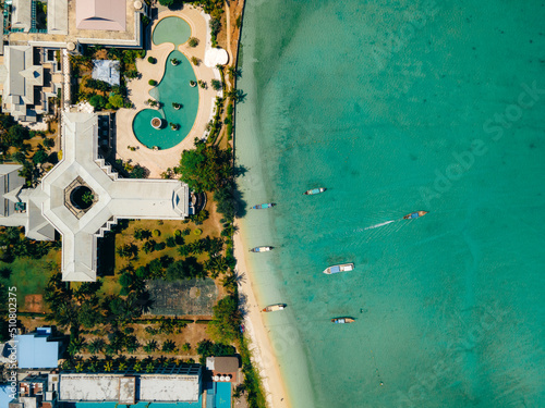 Top down view of a beachside resort in Koh Phi Phi Island, Thailand