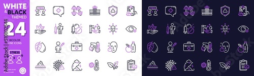 Medical prescription, Prescription drugs and Vaccination announcement line icons for website, printing. Collection of Hospital building, Thermometer, Stress protection icons. Shield. Vector