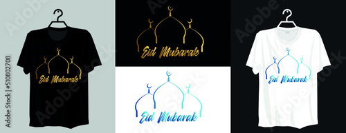 Eid Mubarak Calligraphy T-shirt Design with editable mosque vector
