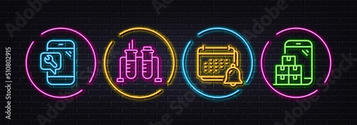 Phone repair, Chemistry beaker and Notification minimal line icons. Neon laser 3d lights. Mobile inventory icons. For web, application, printing. Vector