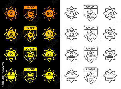 Set of Sun Protection UV Index  SPF 50  SPF 30  25  15 Vector Icons Collection.