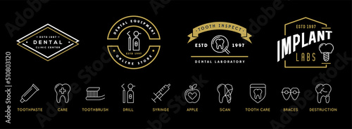 Set of Vector Dental Signs and Icons. Template Illustration. Stomatology Graphic Oral Elements.