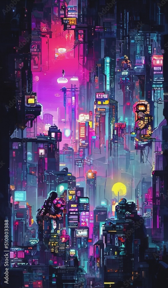 Cyberpunk neon city street at night. Futuristic city scene in a style of  pixel art. 80's wallpaper. Retro future 3D illustration. Urban scene. Stock  Illustration