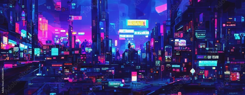 Cyberpunk neon city street at night. Futuristic city scene in a style of  pixel art. 80's wallpaper. Retro future 3D illustration. Urban scene. Stock  Illustration