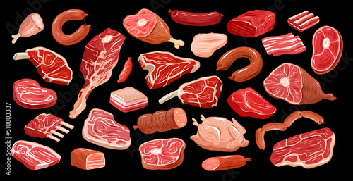 Meat delicacies set for butcher shop menu design. Farm organic food collection vector illustration