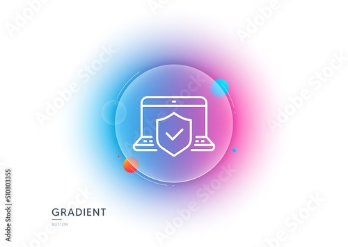Laptop insurance hand line icon. Gradient blur button with glassmorphism. Risk coverage sign. Notebook protection symbol. Transparent glass design. Laptop insurance line icon. Vector