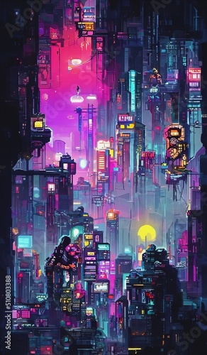 Cyberpunk neon city street at night. Futuristic city scene in a style of pixel art. 80's wallpaper. Retro future 3D illustration. Urban scene. 