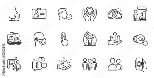 Outline set of Plan, Medical mask and Sunny weather line icons for web application. Talk, information, delivery truck outline icon. Include Swipe up, Hold heart, Painter icons. Vector