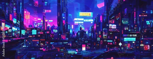 Cyberpunk neon city street at night. Futuristic city scene in a style of pixel art. 80 s wallpaper. Retro future 3D illustration. Urban scene. 
