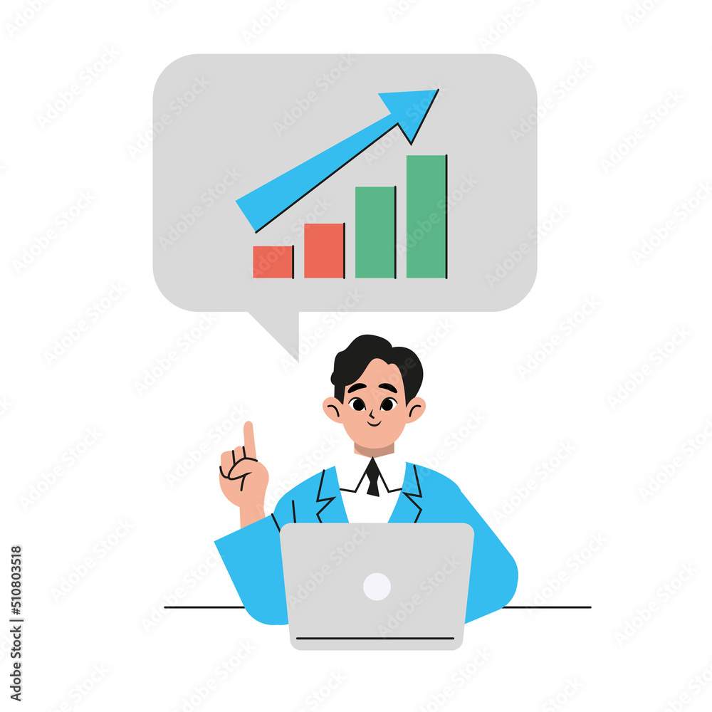 Business person who is surprised at how business performance goes up, trendy creative office worker giving a presentation. Flat vector illustration isolated on white background. Business person who is surprised at how business performance goes up, trendy creative office worker giving a presentation. Flat vector illustration isolated on white background.