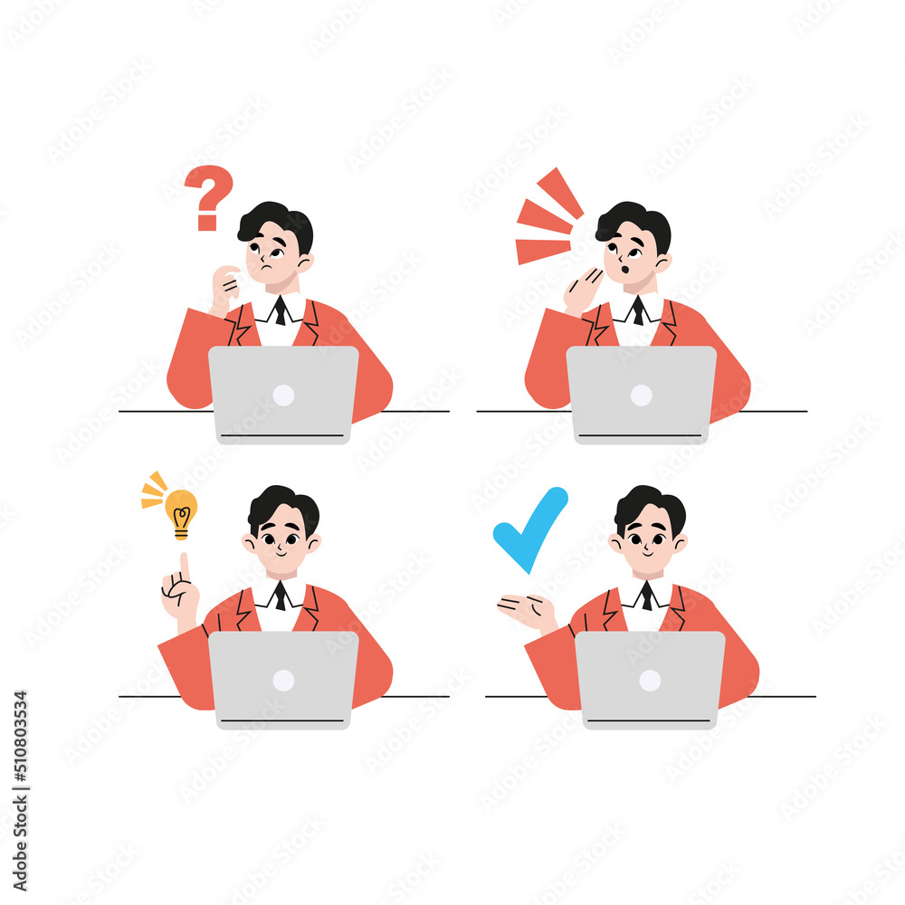 Business person with a worried facial expression and an inspirational facial expression, trendy creative office worker giving a presentation. Flat vector illustration isolated on white background. Business person with a worried facial expression and an inspirational facial expression, trendy creative office worker giving a presentation. Flat vector illustration isolated on white background.