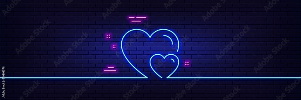 Neon light glow effect. Couple Love line icon. Two Hearts sign. Valentines day symbol. 3d line neon glow icon. Brick wall banner. Hearts outline. Vector