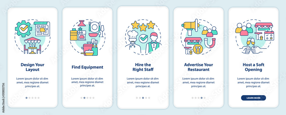Opening restaurant checklist onboarding mobile app screen. Walkthrough 5 steps editable graphic instructions with linear concepts. UI, UX, GUI template. Myriad Pro-Bold, Regular fonts used