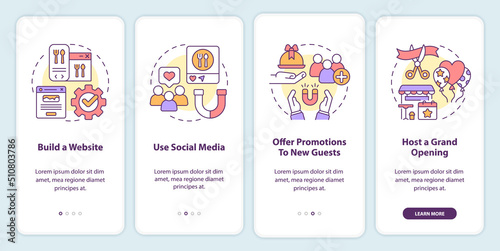 Advertising restaurant onboarding mobile app screen. Use social media walkthrough 4 steps editable graphic instructions with linear concepts. UI, UX, GUI template. Myriad Pro-Bold, Regular fonts used