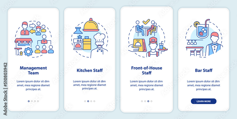 Restaurant staff onboarding mobile app screen. Management and kitchen walkthrough 4 steps editable graphic instructions with linear concepts. UI, UX, GUI template. Myriad Pro-Bold, Regular fonts used