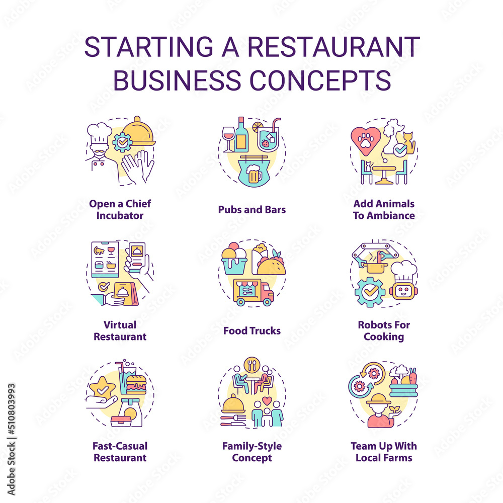 Starting restaurant business concept icons set. Food trucks and pubs idea thin line color illustrations. Planning startup. Isolated symbols. Editable stroke. Roboto-Medium, Myriad Pro-Bold fonts used Starting restaurant business concept icons set. Food trucks and pubs idea thin line color illustrations. Planning startup. Isolated symbols. Editable stroke. Roboto-Medium, Myriad Pro-Bold fonts used