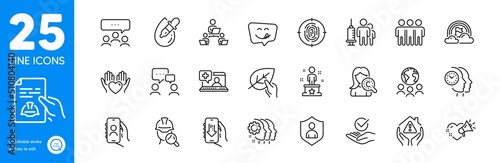 Outline icons set. Meeting, Teamwork and Approved icons. Security, Global business, Download app web elements. Yummy smile, Technical documentation, Love message signs. Eye drops. Vector