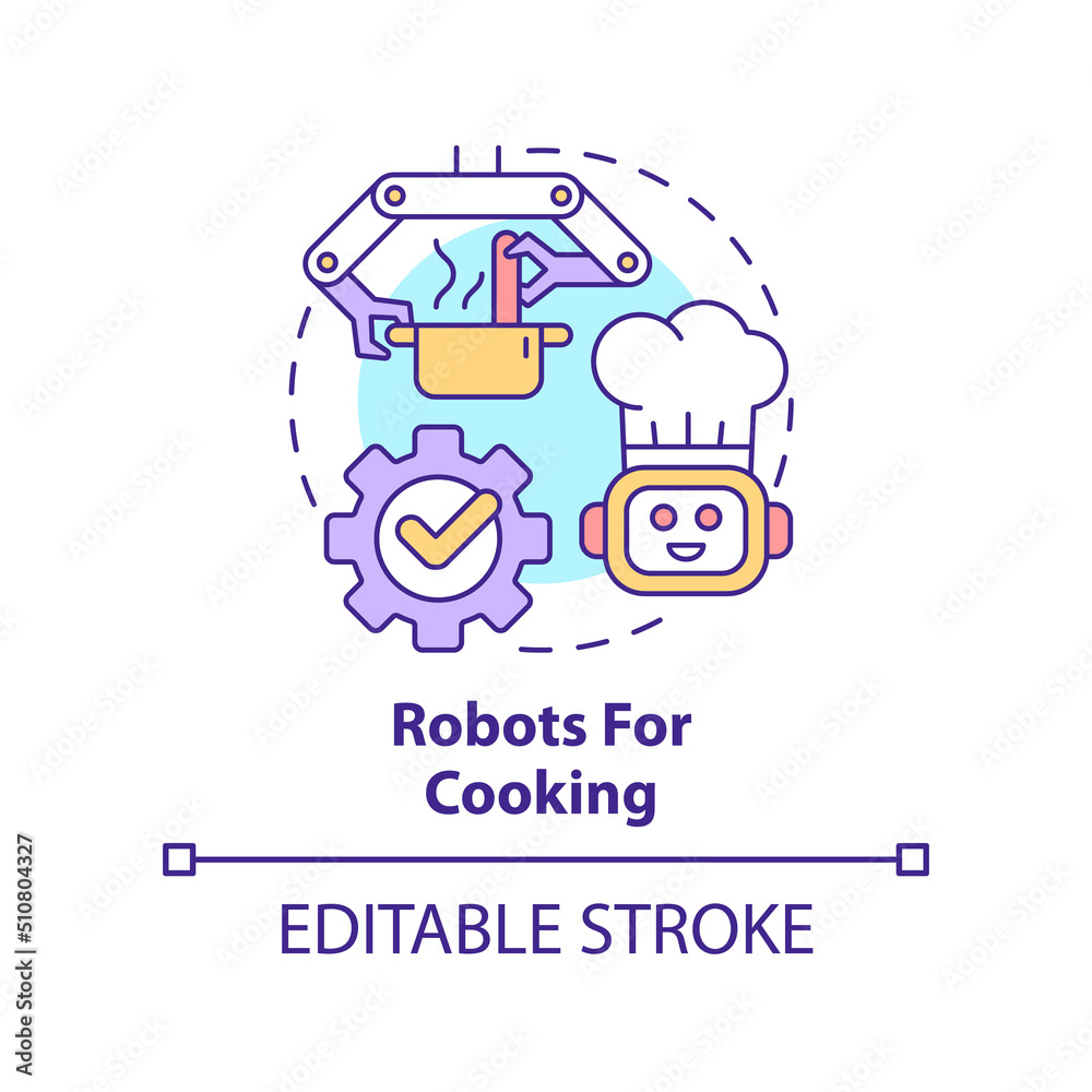 Robots for cooking concept icon. Successful restaurant business abstract idea thin line illustration. Kitchen automation. Isolated outline drawing. Editable stroke. Arial, Myriad Pro-Bold fonts used