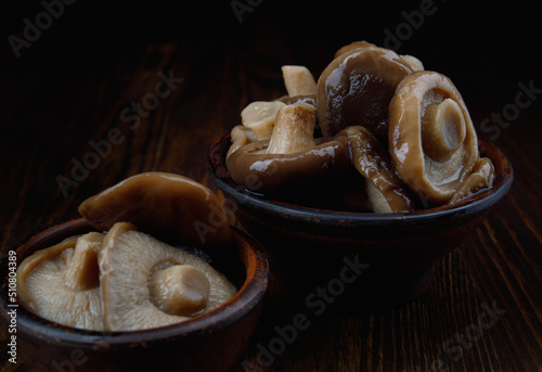Delicious beautiful pickled mushrooms in a clay cup on a wooden table side view. Salted mushrooms close - up . Rustic food .