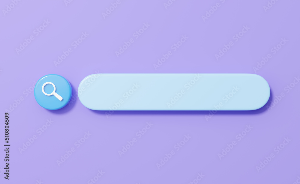 3D Search bar. Blank web tab for text, blue magnifying glass isolated on purple background. Find, discovery, research concept. Cartoon icon minimal style. Browser UI element. 3d render illustration 3D Search bar. Blank web tab for text, blue magnifying glass isolated on purple background. Find, discovery, research concept. Cartoon icon minimal style. Browser UI element. 3d render illustration