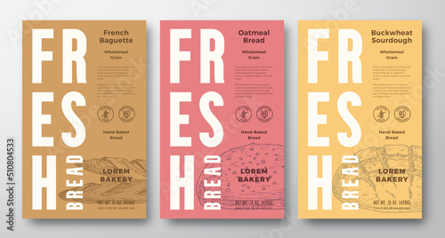 Fresh Baked Bread Abstract Vector Packaging Design Labels Collection. Modern Typography Banners, Hand Drawn Bread Loaf Baguette Sketch Silhouettes Set Color Paper Background Layouts Isolated