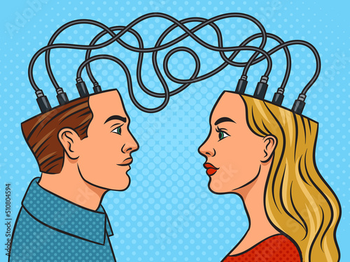 transmission of thought emotions and feelings from brain to brain pop art retro vector illustration. Comic book style imitation.