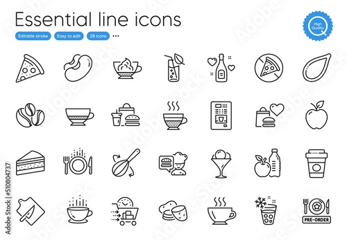 Prohibit food, Potato and Ice cream line icons. Collection of Cutting board, Pizza, Food delivery icons. Coffee-berry beans, Chef, Love champagne web elements. Espresso cream, Coffee cup. Vector