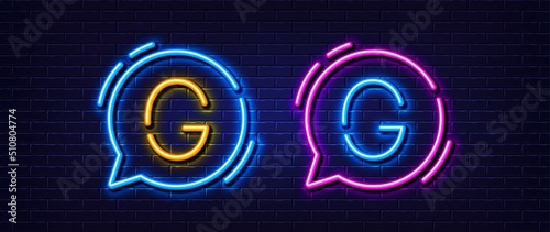 Initial letter G icon. Neon light line effect. Line typography character sign. Large first font letter. Glowing neon light speech bubble. Letter G glow 3d line. Brick wall banner. Vector