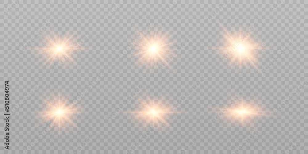 Set of flares, lights and lines. Abstract golden lights isolated on transparent background. Bright light flashes with glare. Bright beams of light. Vector illustration. EPS 10