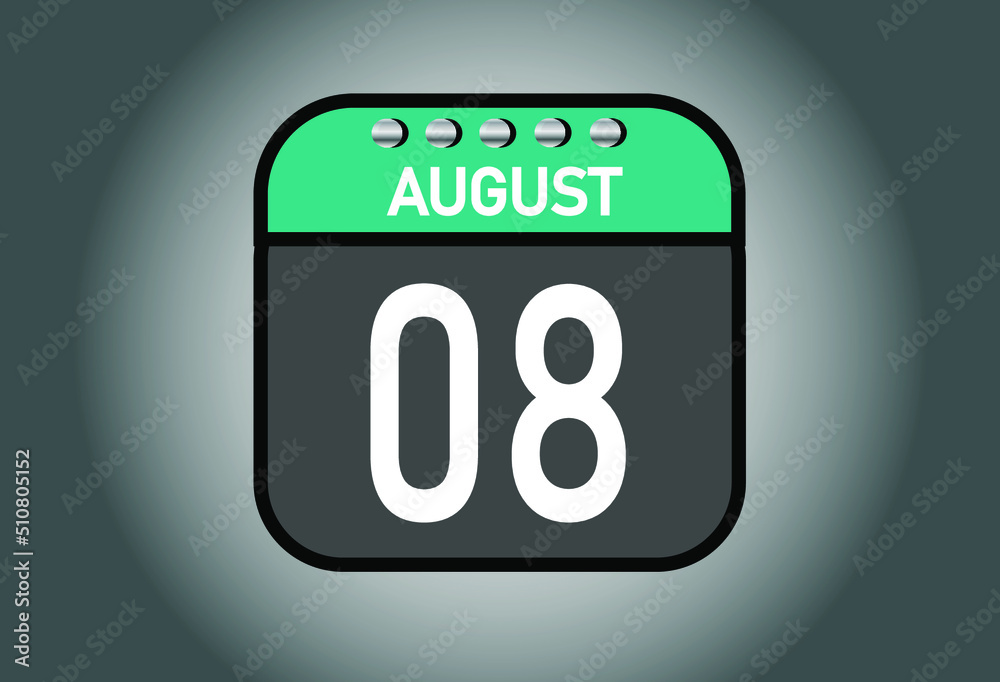 Day 8 august. Calendar banner for August days. Calendar template with metal. Day 8 august. Calendar banner for August days. Calendar template with metal.