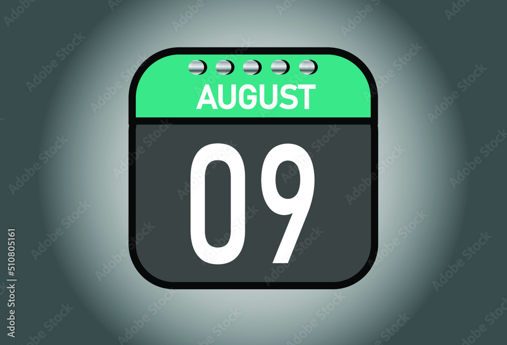 Day 9 august. Calendar banner for August days. Calendar template with metal. Day 9 august. Calendar banner for August days. Calendar template with metal.