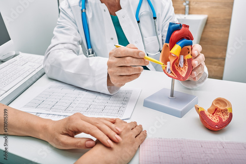 Cardiology consultation, treatment of heart disease. Doctor cardiologist while consultation showing anatomical model of human heart