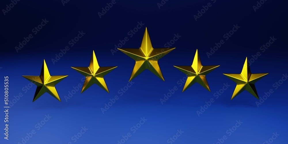 Five yellow stars glossy colors on Dark Blue Background. Achievements for games. Customer rating feedback concept from client about employee of website. 3D Rendering Five yellow stars glossy colors on Dark Blue Background. Achievements for games. Customer rating feedback concept from client about employee of website. 3D Rendering