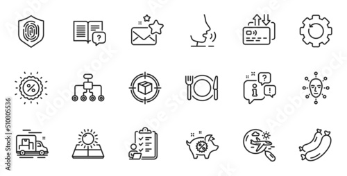 Outline set of Parcel tracking, Discount and Instruction manual line icons for web application. Talk, information, delivery truck outline icon. Vector
