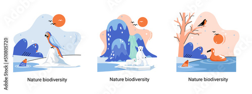 Biodiversity in nature as environment variety of life on Earth planet. Saving wildlife ecosystem metaphor. Protection and care of flora and fauna, eco friendly human activity, many biological species