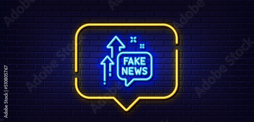 Neon light speech bubble. Fake news line icon. Propaganda conspiracy chat sign. Wrong truth symbol. Neon light background. Fake news glow line. Brick wall banner. Vector