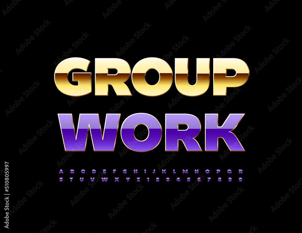 Vector chic logo Group Work. Violet Alphabet Letters and Numbers set. Modern Artistic Font.