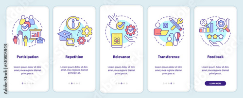 Principles of learning for students onboarding mobile app screen. Walkthrough 5 steps editable graphic instructions with linear concepts. UI, UX, GUI template. Myriad Pro-Bold, Regular fonts used