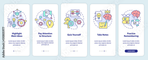 Learning and memorizing techniques onboarding mobile app screen. Walkthrough 5 steps editable graphic instructions with linear concepts. UI, UX, GUI template. Myriad Pro-Bold, Regular fonts used