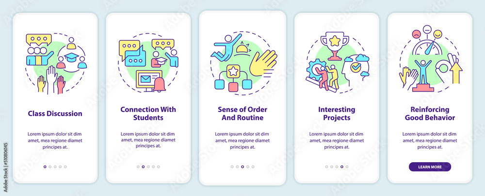 Healthy learning environment onboarding mobile app screen. Walkthrough 5 steps editable graphic instructions with linear concepts. UI, UX, GUI template. Myriad Pro-Bold, Regular fonts used