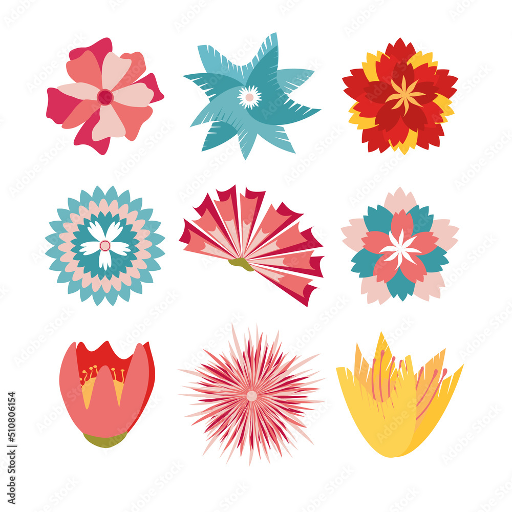 Flower head vector icon set, nature plants summer flat design, colorful different flower isolated on white, floral