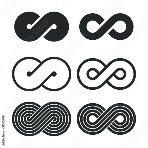 Infinity graphic symbols set. Signs isolated on white background. Graphic design elements. Abstract geometric shapes. Vector illustration