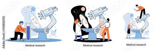 Medical research metaphor. Laboratory diagnostic services, Scientists work equipment and microscope. Virologists chemistry clinic laboratories, microbiology pharmaceutical research. Vaccine discovery