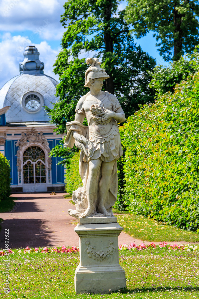 Marble statue in front of Grotto pavilion in the Catherine park at Tsarskoye Selo in Pushkin, Russia