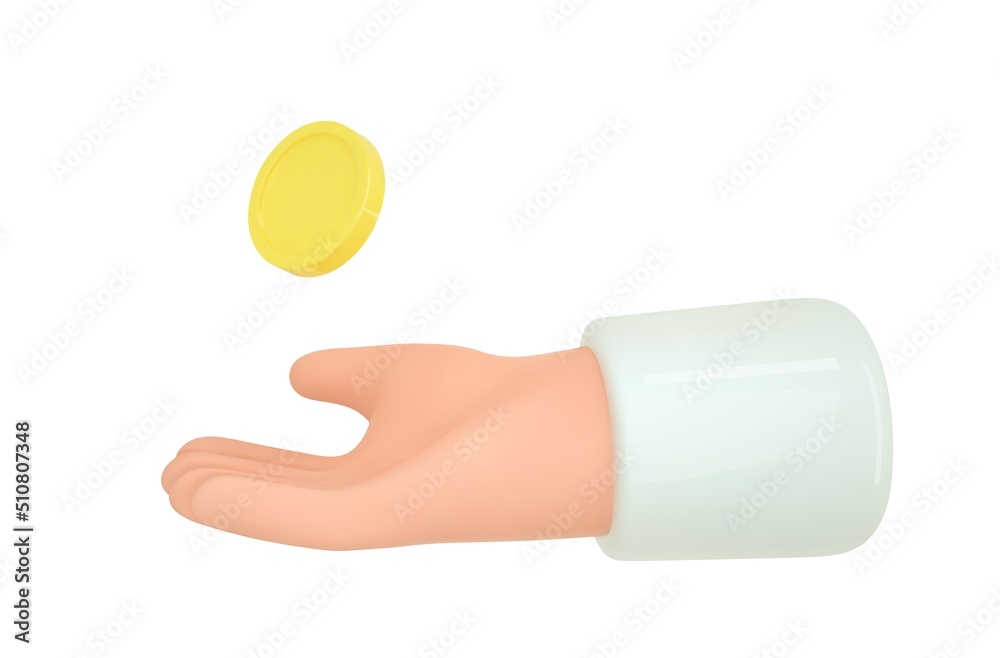 Hand and money emoji. 3d render hand hold coin icon. Business, capital ...