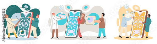 Online medical consultation and support metaphor. Online doctor. Healthcare services, Ask doctor. Tele medicine e-health service. Therapist videocalling phone screen. Diagnosis treatment of patients